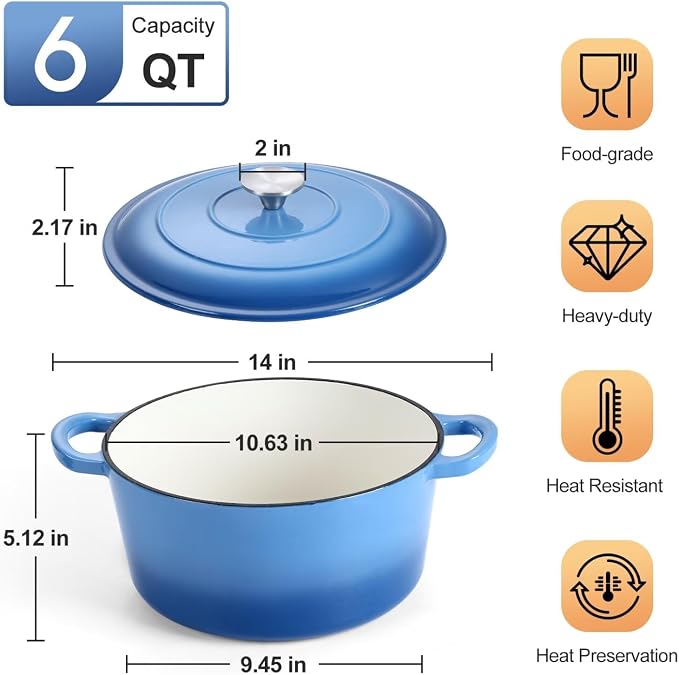 P&P CHEF 6QT Enameled Dutch Oven, Dutch Oven Pot for Bread Baking, Blue | 6 Quart Enameled Cast Iron Casserole Pot with Lid, for Roasting Braising Stewing Frying Simmering, Work on Various Stoves