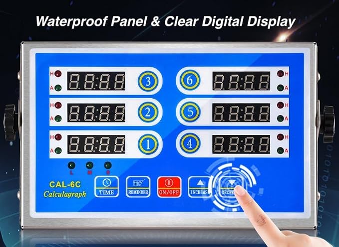 6-Channel Commercial Kitchen Timer, Professional LED Digital Timer for Cooking, Loud Alarm Volume +/-, Heavy Duty Stainless Steel Large Timers with Waterproof Panel & Memory Function