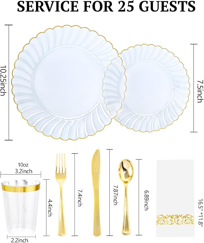 YOUBET 175PCS Clear Blue Scalloped Plastic Plates for Party Wedding | Blue and Gold Disposable Dinnerware Set Include 50 Plates, 75 Gold Silverware, 25 Cups, 25 Napkins for Baby Shower