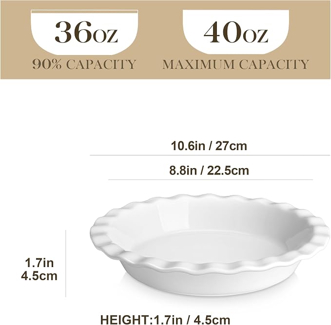 MALACASA 40 Oz Ceramic Pie Pan 9 Inch, Fluted Pie Dish for Quiche | Baking, Versatile for Quiche, Pie, Tart, Casserole, Oven, Microwave, Dishwasher Safe, Non-Stick Glaze, Even Heat Distribution