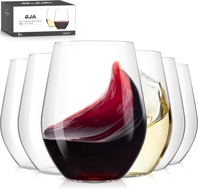 OJA Unbreakable Tritan Plastic Stemless Wine Glasses,16 oz,Set of 6,Outdoor | Shatterproof Wine Glass, Clear, BPA-free, Reusable, Dishwasher-Safe, Drinking Glassware for Poolside, Camping, Party