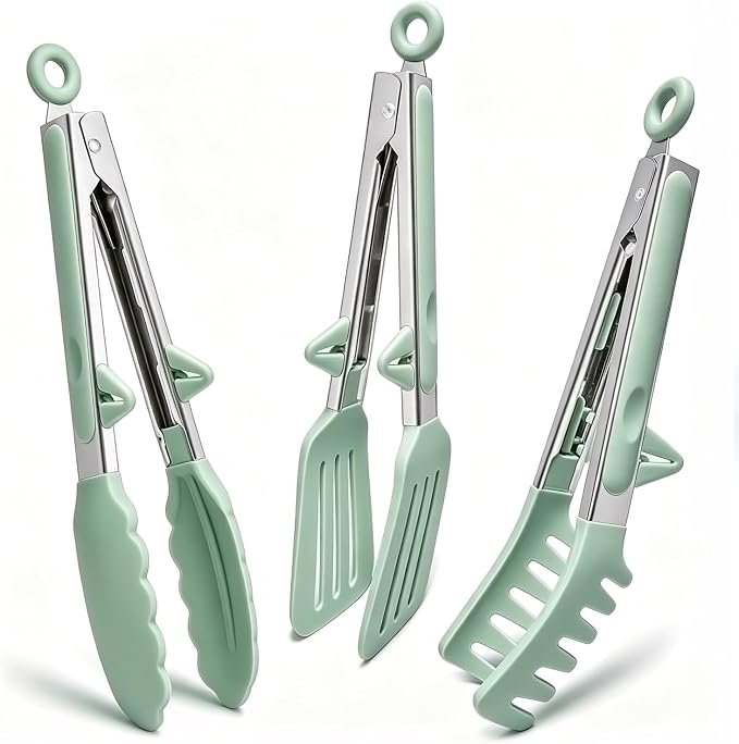9" Kitchen Tongs for cooking with Silicone Tips, 3Pcs Serving Tongs, Green | Small Silicone Tongs mit kickstand, Food Grade, 3 different type of tongs, Stainless Steel