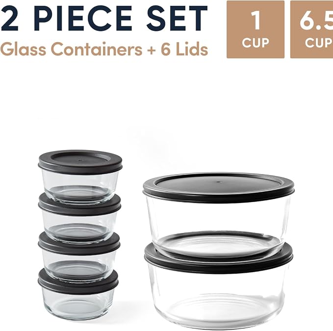 12-Piece Glass Food Storage Containers Set (6 Containers + 6 BPA-Free Lids) | 1-Cup & 6.5-Cup, Leakproof | Microwave, Freezer, Oven & Dishwasher Safe | Ideal for Meal Prep & Pantry Organization, Black