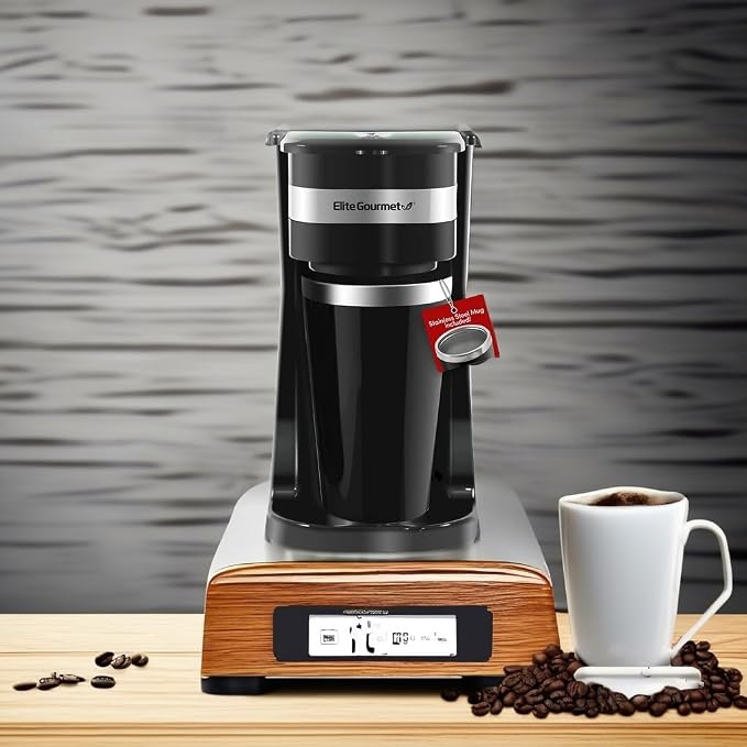 Elite Gourmet EHC113 Personal Single-Serve Compact Coffee Maker, Black | Includes 14oz stainless steel interior thermal travel mug, reusable filter - compatible with coffee grounds