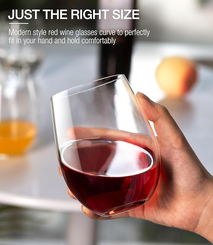 Stemless Wine Glasses Set of 4, 15oz Red White Wine Glass, No Stem | Glassware, Sturdy Drinking Glass, Home Bar, Daily Use, Hosting, Evening Party, Birthdays, Housewarming