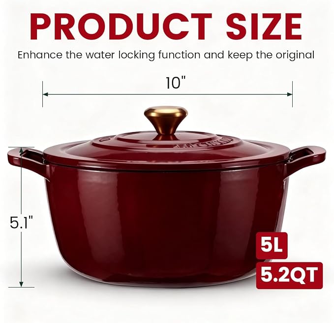 Enameled Cast Iron Dutch Oven 5.2 Qt with Lid, Red | For Sourdough Bread, Stews & Roasts, Oven Safe to 500F, Works on Gas, Electric & Induction Stovetops.
