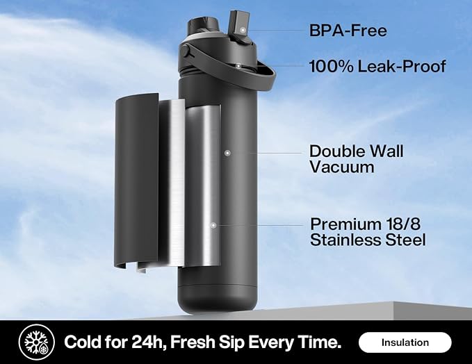 POWCAN 26 oz Insulated Water Bottle: Straw and Spout Lid, Glow-in-the-Dark | Leak-proof, Keep Cold 24H, Cupholder Friendly, BPA-Free, Stainless Steel Water Bottle for Gift, Hiking, Trip (Gilded Flutter)