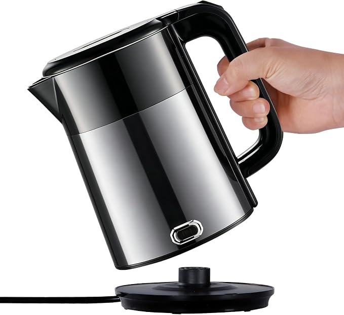 1L Small Travel Electric Kettle 1000W Portable Mini Hot Water Boiler | 304 Stainless Steel,Fast Boiling, Double Wall, Auto Shut-Off,Boil Dry Protection,Cordless 360° Base for Tea and Coffee