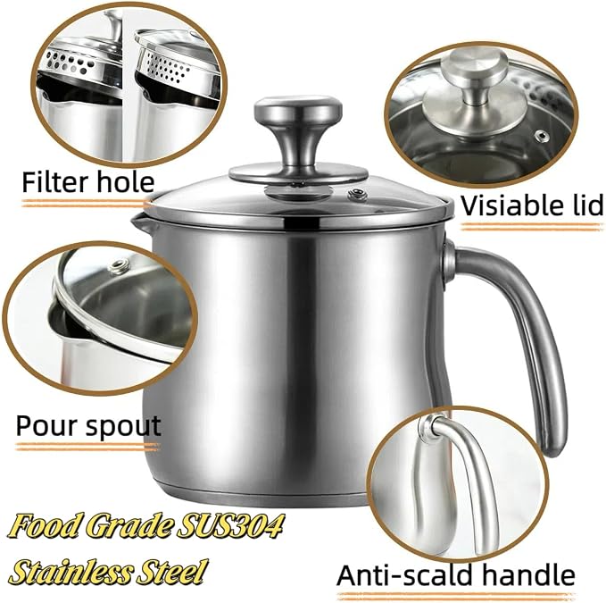 1.8-Quart Stainless Steel Saucepan with Pour Spout & Glass Lid – Perfect for Boiling Milk, Making Sauces, Gravies, Pasta & Noodles | No Coating, Easy Clean, Kitchen Essential
