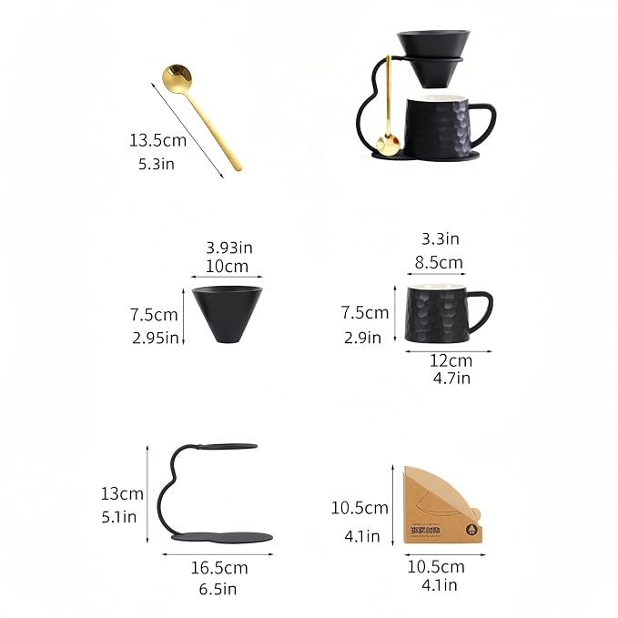 Pour Over Coffee Maker set,Ceramic Coffee Maker With V60 40 pcs Paper Filter，Metal Stand 9oz 270ml mug Pour Over Coffee Dripper Black