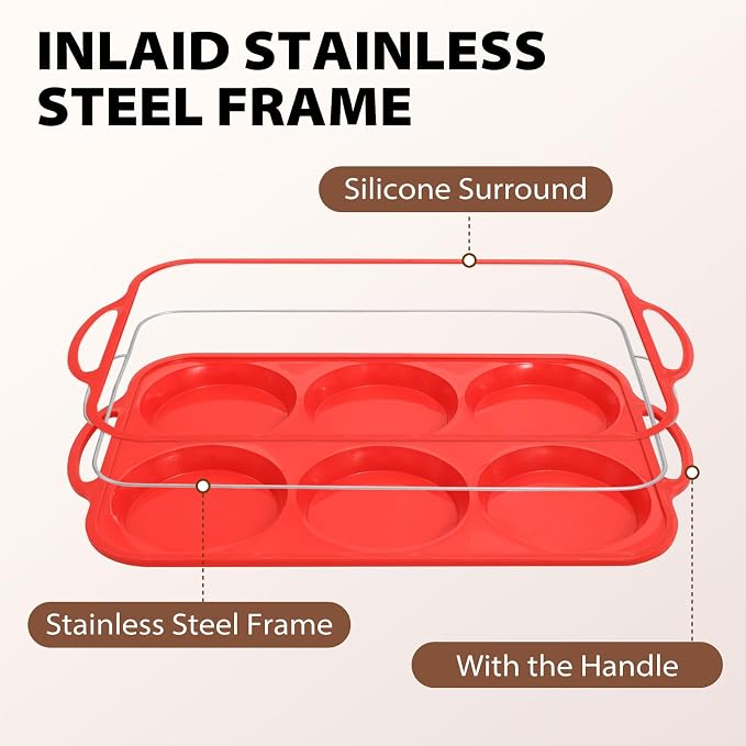 4 Inch Muffin Top Pan Non Stick with Metal Frame, Silicone Egg Molds | for Breakfast Sandwiches, Large Round Whoopie Pie Baking Pan with Handle for English Muffin, Egg Bite and Oven, Red Toeusog