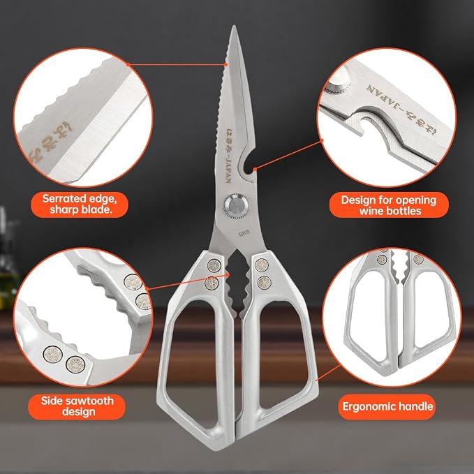 2Pcs Kitchen Scissors Set, Heavy Duty Sharp Silver Poultry Shears | All Purpose Kitchen Shear, Dishwasher Safe for Cutting Food, Chicken Bones & Turkey