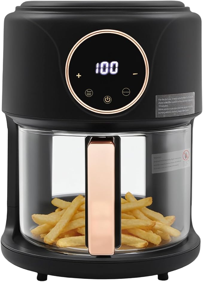 8-in-1 Glass Air Fryer, 4.5Qt Capacity Non Toxic Air Fryer, 360° Viewable Bowl, Touchscreen Display, Precise Temperature(175°F - 400°F), 1200W Oil Cooking Dishwasher Safe Glass Pot - Black