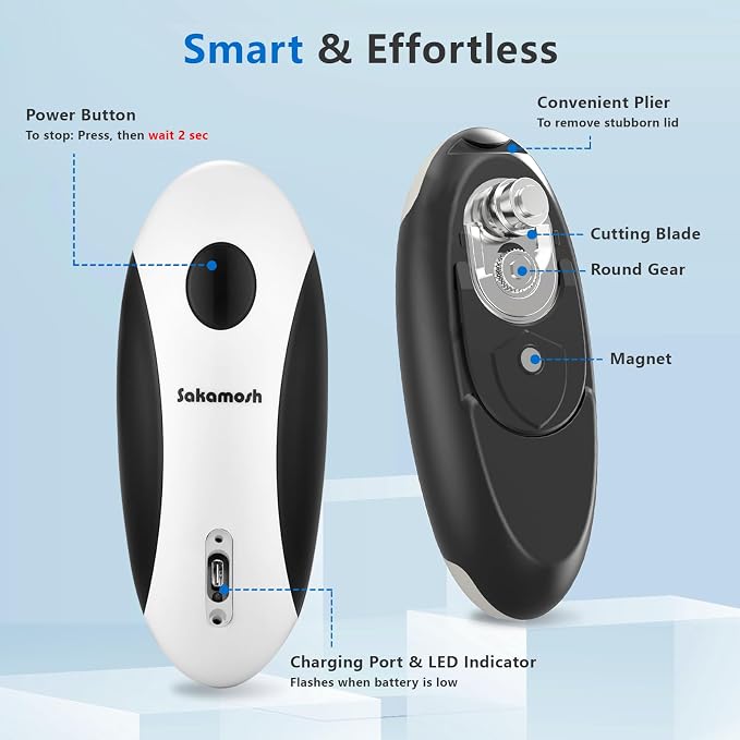 SAKAMOSH Rechargeable Electric Can Opener for Seniors | Cordless Rechargeable, One-Touch Operation, Smooth Edge, Perfect for Seniors, Arthritis, Fit Most Cans for Home Kitchen