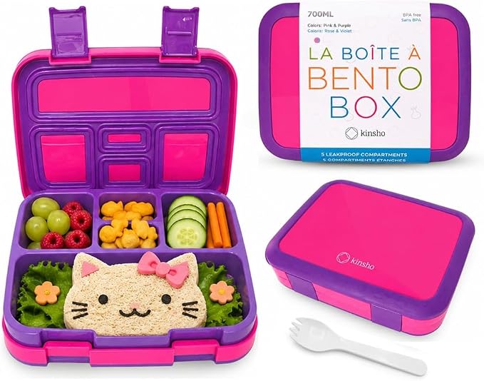 kinsho Bento Lunch Box Container for Kids, Girls Ages 3 to 5, Pink Purple | 5 Portion Sections, BPA-Free Spill-Proof Leakproof Removable Plastic Tray, Snacks and Lunches for Toddlers Pre-School Daycare
