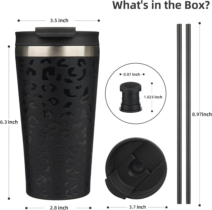 BJPKPK 18 oz Coffee Tumbler with Straw, Insulated Stainless Steel Cup | Double Wall Vacuum, Leak Proof, Keeps Hot/Cold, BPA Free, Cupholder Friendly, Travel, Black Leopard