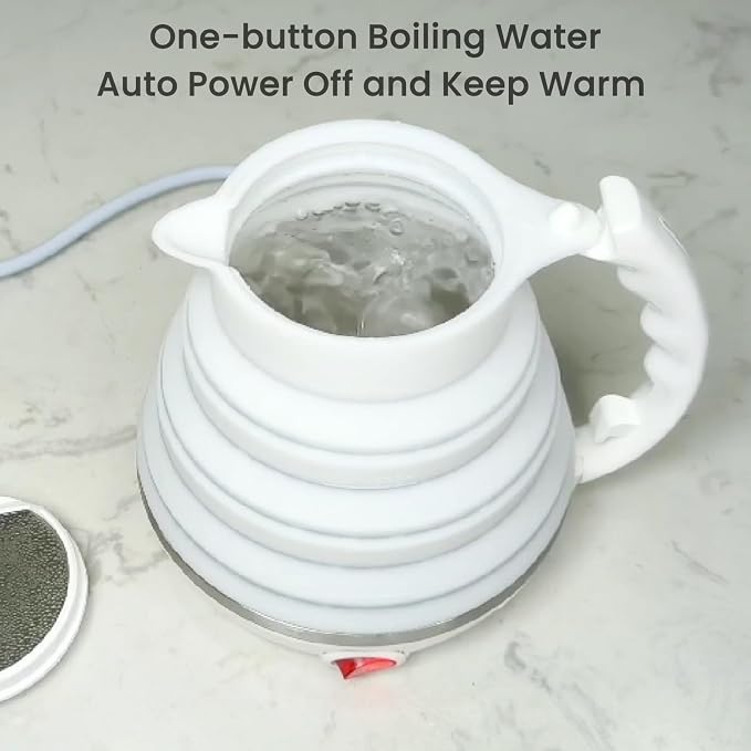 Travel Kettle Electric, Portable Travel Tea Kettle Small, Ultra-thin Collpasible Electric Kettle, Food Grade Silicone Foldable, Auto Shut off and Keep Warm, 110V 555ml (White)
