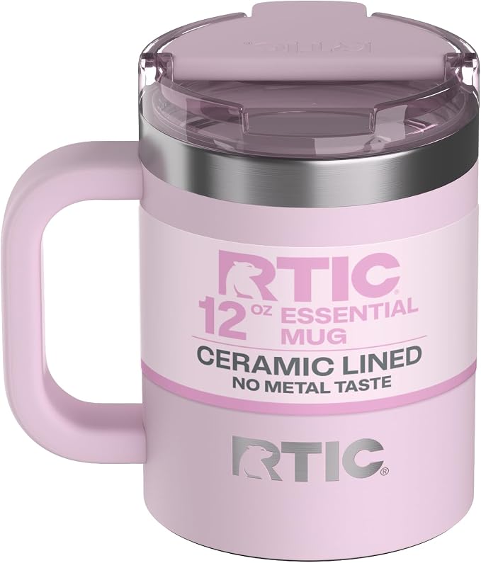 RTIC 12oz Essential Mug with Lid and Handle, Ceramic Lined, Insulated, Stainless Steel, Metal, Double Wall Vacuum-Insulation, Portable, Travel Cup for Hot and Cold Drink, Pale Pink