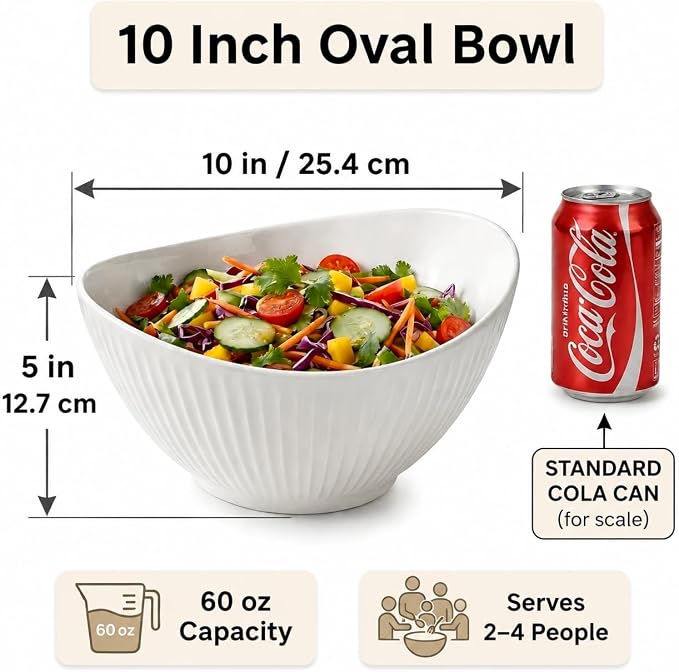 60oz Large Ceramic Salad Bowl with Acacia Wood Utensils, 10" Oval White Serving Bowl for Soup, Pasta, Fruit, Snacks – Mixing Bowls for Entertaining, Party, Kitchen, Dinner – Housewarming Gift