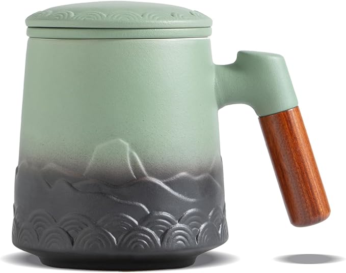 ZENS Tea Mug with Infuser and Lid for Loose Leaf Tea Steeper, 16.9oz Moss | Embossed Ceramic Tea Cup with Infuser for Herbal Tea Difussers, Tea Lovers Gifts, Nature Wood Handle