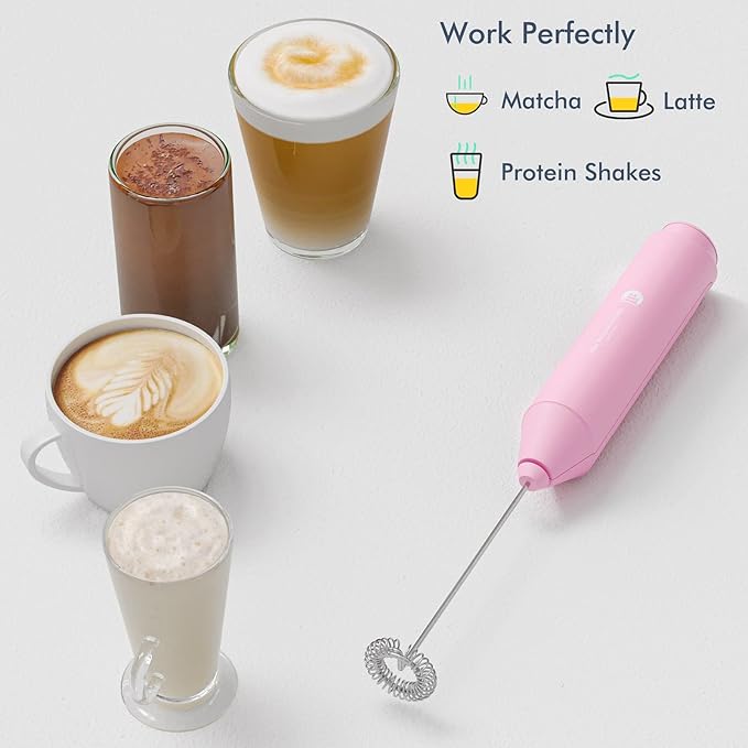 Powerful Milk Frother Handheld Foam Maker, Mini Whisk Drink Mixer for Coffee, Cappuccino, Latte, Matcha, Hot Chocolate, With Stand, Pink