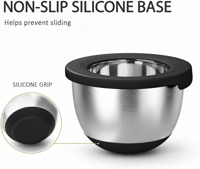 KITEISCAT Stainless Steel Mixing Bowls with Lids – Set of 5 Large Nesting Metal Bowls for Kitchen, Baking, Cooking, Food Prep & Storage, Non-Slip Base, Dishwasher Safe,Black
