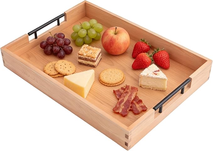Large Ottoman Tray, 20"x14" Rectangular Trays for Big Ottoman, Maple Wooden Serving Tray with Metal Handles, Wood Serving Tray Counter Kitchen, Living Room Coffee Table Decor Organizer