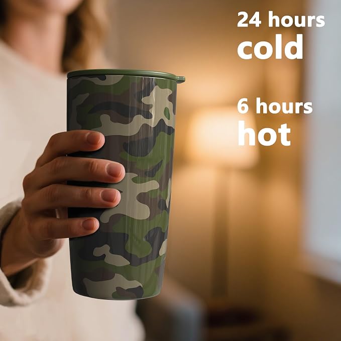 TILUCK 20 oz Insulated Coffee Tumbler with BPA-Free Lid | Travel Coffee Mug, Dishwasher Safe, Cup Holder Friendly, Double-Wall Vacuum Insulation for Hot & Cold Drinks, Camouflage