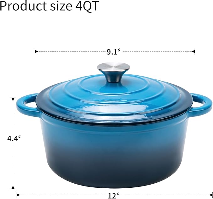 4-QT Enameled Cast Iron Round Dutch Oven With Lid,Oven safe,Blue | Small enameled cast iron Dutch oven,Retains moisture,PFAS-free,500°F,sourdough,braising/stews/roasting,Housewarming Gift