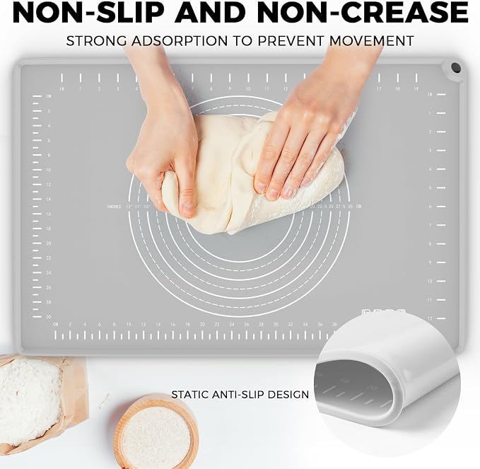 Silicone Baking Mat 24" x 16", Extra Thick Dough Rolling Mat with Measurements and Edge Heightening, Non-stick Food Grade Silicone Pastry Mat for for Pastry, Bread, Cookies, Pizza, Fondant, Pasta