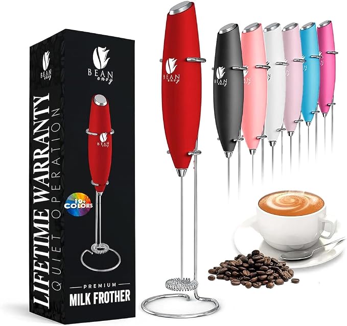 Bean Envy Milk Frother Handheld - Coffee Mixer Wand with Stand - Red | Battery Operated, Stainless Steel Whisk, 19000 RPM, Protein Powder Blender, Electric Stirrer, Mini Foamer