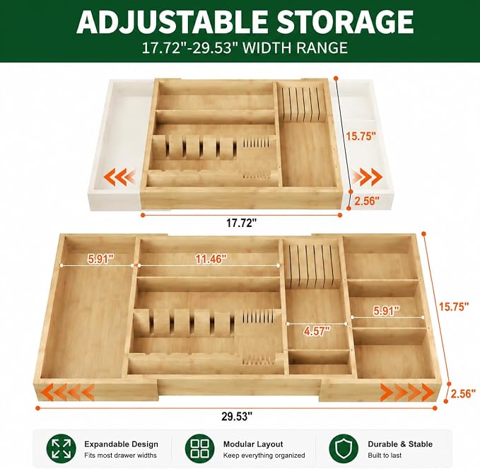 Bamboo Expandable Kitchen Drawer Organizer, 17.7-29.5 in,Natural | 5-8 detachable slots, equipped with dedicated tool slots for butter knives, storing tableware and saving space