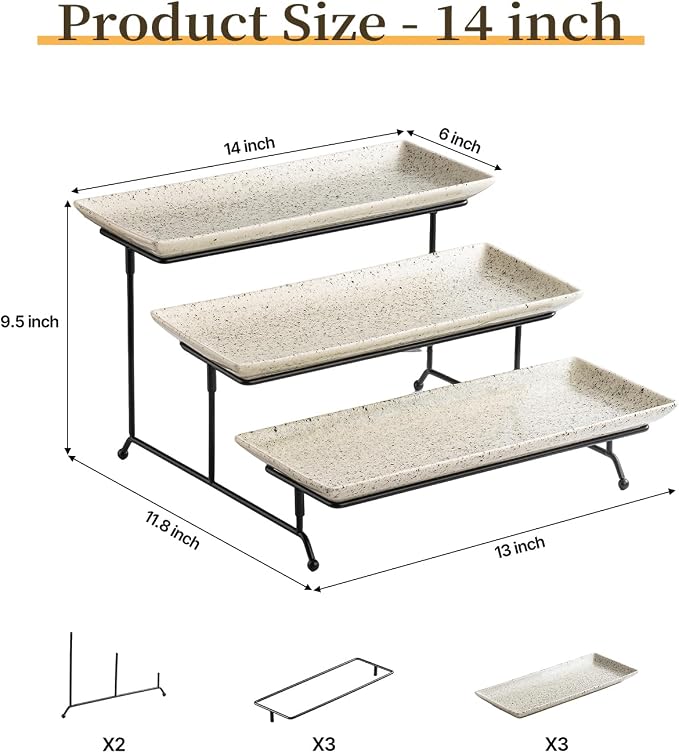 LAUCHUH 3 Tier Serving Trays for Party, Porcelain Tiered Serving Tray Stand | 14 inch Serving Platters with Collapsible Sturdier Rack Serving Plates for Halloween Thanksgiving Christmas, Speckled Glaze