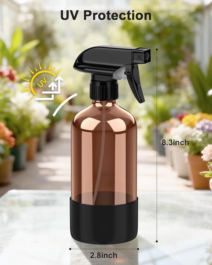 Bontip Amber Glass Spray Bottle, 16 oz with Black Silicone Sleeve, 3 Pack | Refillable amber glass bottle, With protective silicone sleeve, BPA-free, UV shielding, Great for cleaning solutions,plants