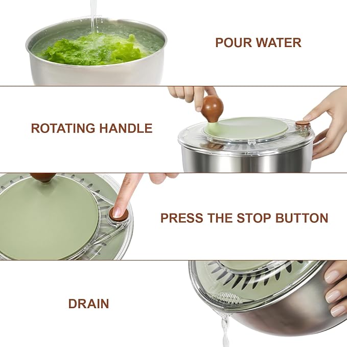 5.3Qt Stainless Steel Salad Spinner, Salad Spinner Stainless Steel With Stop Button & Drain Hole, Non-Slip Base, Vegetable Spinner Dryer, Dishwasher Safe For Kitchen