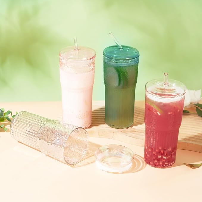 JunVpic Glass Coffee Tumbler, 20 oz Glass Cup with Lid and Straw | Green glass design, Hammered Texture, reusable straw and lid for iced coffee, tea, smoothies and hot & cold drink