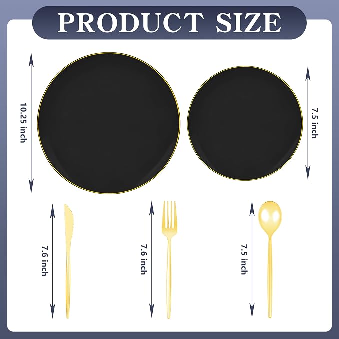 150Pcs Black Plastic Plates , Heavy Duty Black Plates for 30 Guests | Black Disposable Plastic Plates,Include 30 Dinner Plates,30 Dessert Plates and 90 Gold Cutlery Set for Party,Wedding