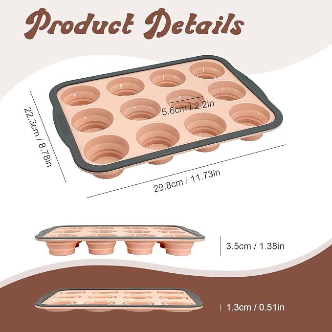 Silicone Muffin Pans for Baking with Metal Frame, 12-Cup Silicone Muffin Pan, BPA-Free Nonstick Coating, Easy Release & Clean, Oven & Dishwasher Safe ,Versatile for Baking, Custards & Cupcakes(Pink)