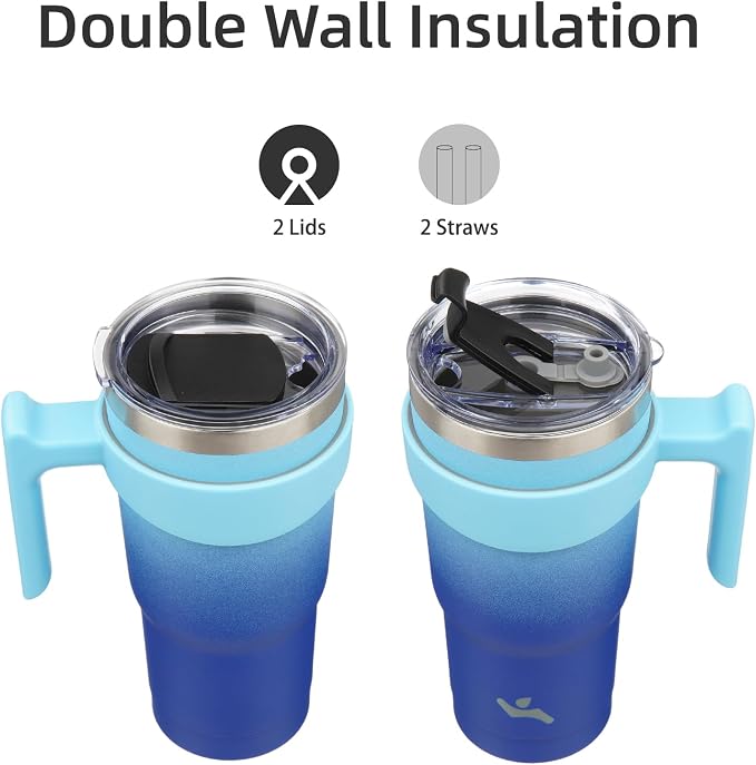 Konokyo 20 oz Tumbler with Handle and Straw, Insulated Travel Mug | Sky; BPA-free, leak-proof tumbler with 2 lids, 2 straws, cup holder fit for coffee, office, travel & daily use