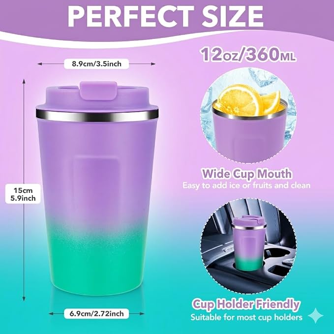 Volhoply 12 oz Double Wall Insulated Vacuum Travel Coffee Mug with Flip Lid,Reusable Stainless Steel Leak Proof Coffee Cup,Portable Iced Cafe Thermal Tumbler for Hot & Cold Drinks(Purple Green,1 Set)