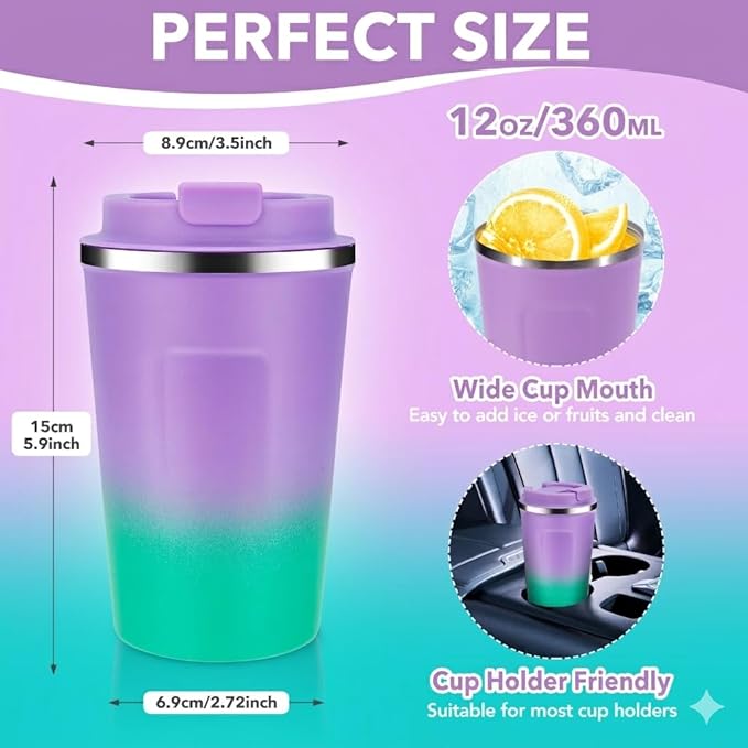 Volhoply 12 oz Double Wall Insulated Vacuum Travel Coffee Mug with Flip Lid Bulk 2 Pack,Reusable Stainless Steel Leak Proof Coffee Cup,Cafe Thermal Tumbler for Cold & Hot Drinks(Purple Green,2 Set)