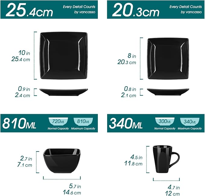 vancasso Soho Dinnerware Sets 24 Pieces, Black Stoneware Square Place Setting, Dinner Plate, Cups and Plates Sets for Kitchen, Dish Set for 6