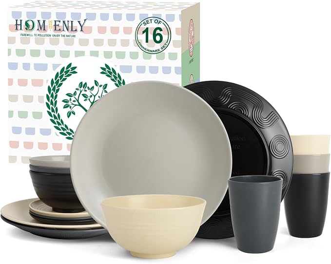 Wheat Straw Dinnerware Set - Dinner Plates, Cereal Bowls, Drinking Cups Set, Unbreakable 16 PCS Dish Set, Microwave and Dishwasher Safe Dishes for Home, Outdoor - Grey Stone