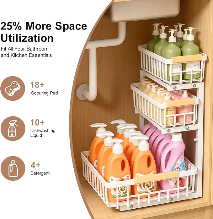 Under Sink Organizer, 3-tier Under Sink Storage Organizer Adjustable Height Easy Assembly Pull Out Cabinet Organizers Basket for Bathroom Kitchen Pantry Home Organization