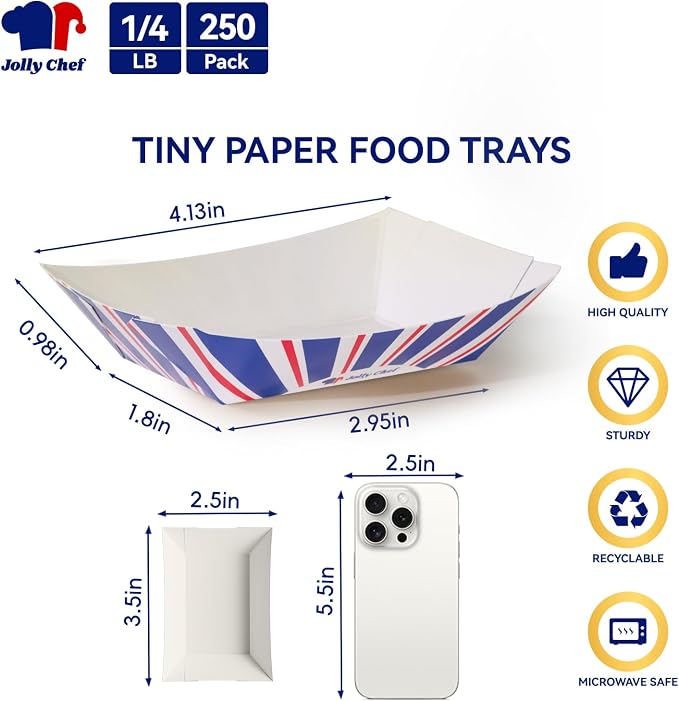 250 Pack 1/4 Lb Paper Food Trays, Mini Disposable Food Boat | for Gameday, Small Paper Food Serving Boats for Snack Dessert Taco Nacho French Fries BBQ Party