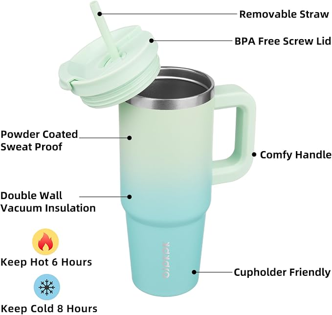 BJPKPK 30 oz Insulated Tumbler with Handle & Straw, Stainless Steel | Double Wall Vacuum Insulation, Leak Proof, BPA Free, Dishwasher Safe, Cupholder Friendly, Travel & Outdoor, Mint