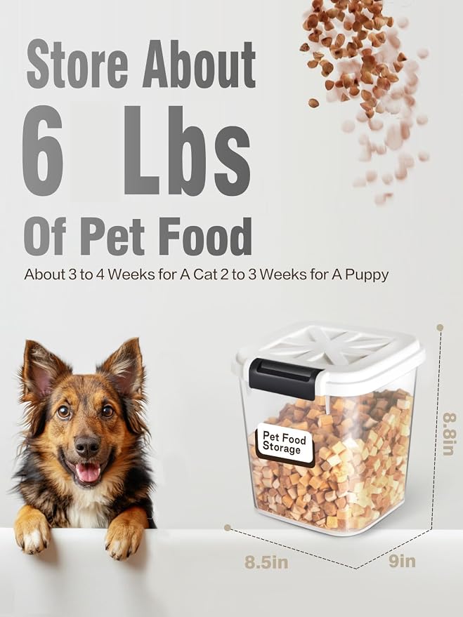 6 lb Airtight Dog Food Storage Container with Scoop, White | Airtight snap-lock lid, clear BPA-free body, and measuring cup keep dry dog or cat food, treats, cereal, and grain organized.