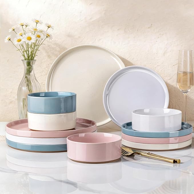 AmorArc Stoneware Dinnerware Sets for 4,12Pcs Plates and Bowls Set | Handmade Ceramic Dish Set,Dishwasher & Microwave Safe,Scratch Resistant-Colorful