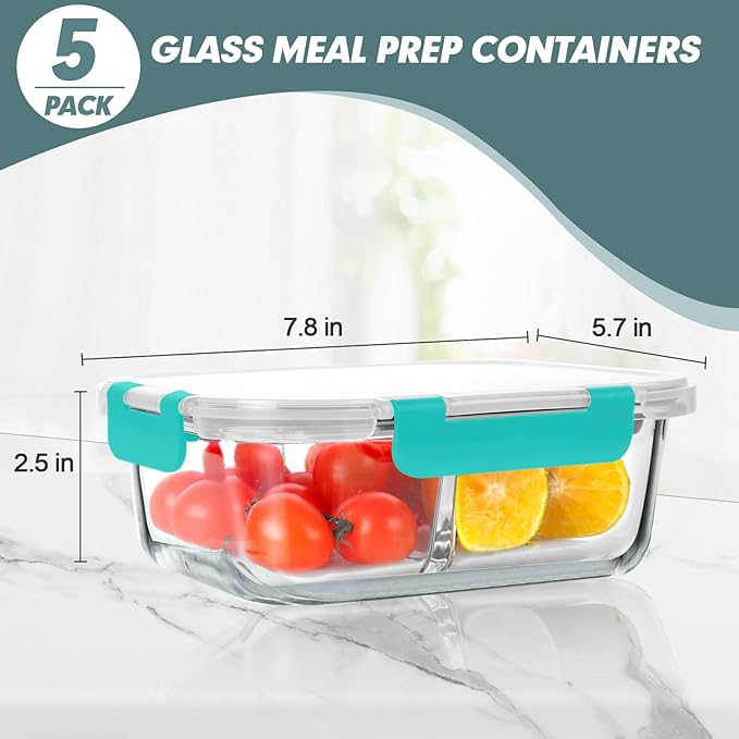 30 oz 5 Pack Glass Meal Prep Containers 2 Compartments, Glass Food Storage Containers with Lids, Airtight Lunch Box, Microwave, Oven and Freezer Safe, Green