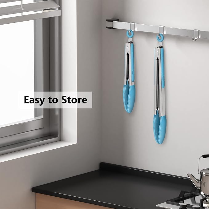 2 Pack Silicone Kitchen Tongs – 9" & 12" Set, Heat Resistant up to 500°F, Non‑Stick Cookware Safe, Wavy Silicone Tips, BPA Free, Locking Clip & Hanging Loop, Blue